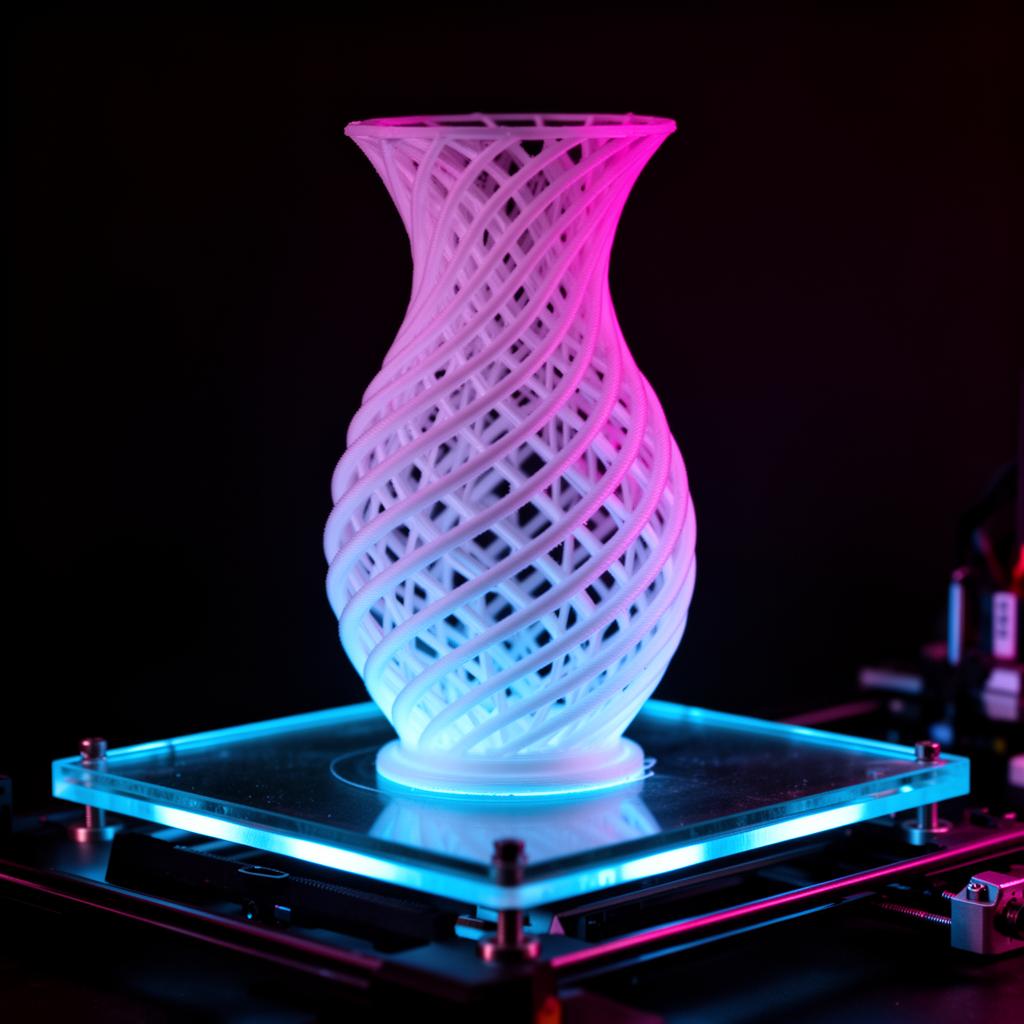 Vaso lattice impresso em PLA emergindo da mesa aquecida